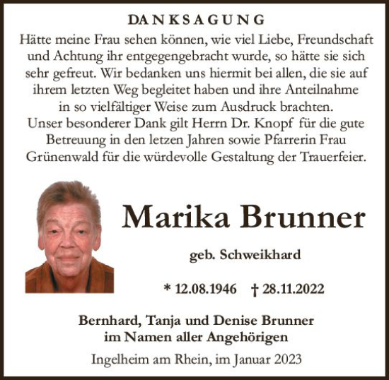 Traueranzeige von Marika Brunnen von vrm-trauer Allgemeine  Zeitung Ingelheim-Bingen