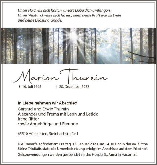Traueranzeige von Marion Thurein von vrm-trauer Wiesbadener Kurier