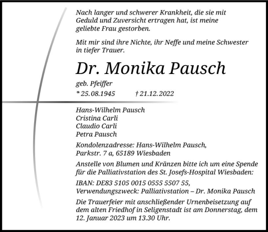 Traueranzeige von Monika Pausch von vrm-trauer Wiesbadener Kurier
