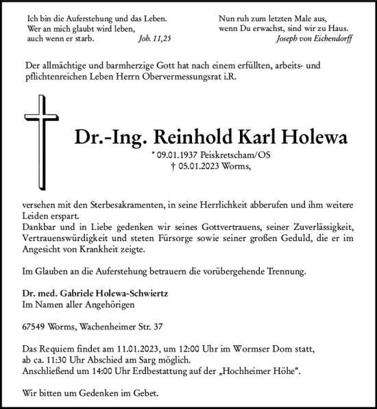 Traueranzeige von Reinhold Karl Holewa von vrm-trauer Wormser Zeitung
