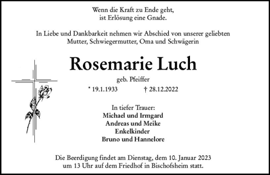 Traueranzeige von Rosemarie Luch von vrm-trauer Rüsselsheimer Echo / MainSpitze