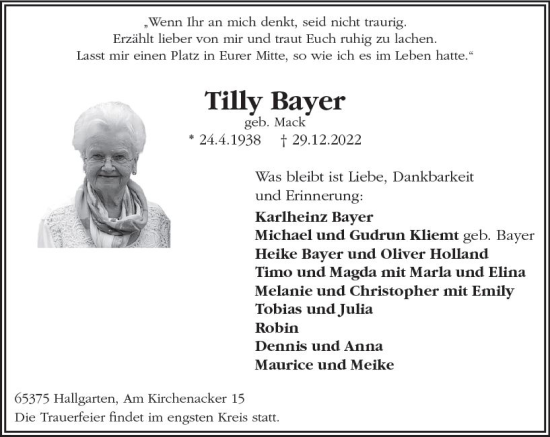 Traueranzeige von Tilly Bayer von vrm-trauer Rheingau