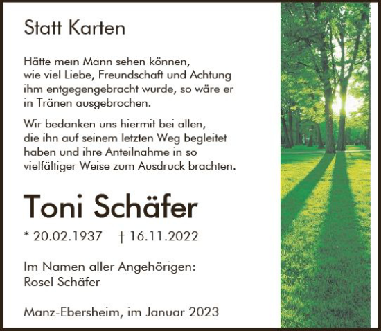 Traueranzeige von Toni Schäfer von vrm-trauer AZ Mainz