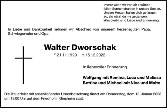 Traueranzeige von Walter Dworschak von vrm-trauer Rüsselsheimer Echo / MainSpitze