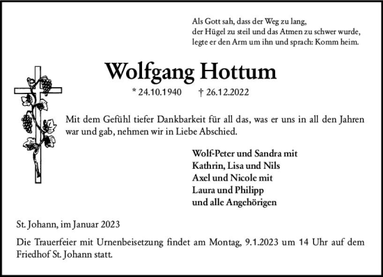 Traueranzeige von Wolfgang Hottum von vrm-trauer Allgemeine  Zeitung Ingelheim-Bingen