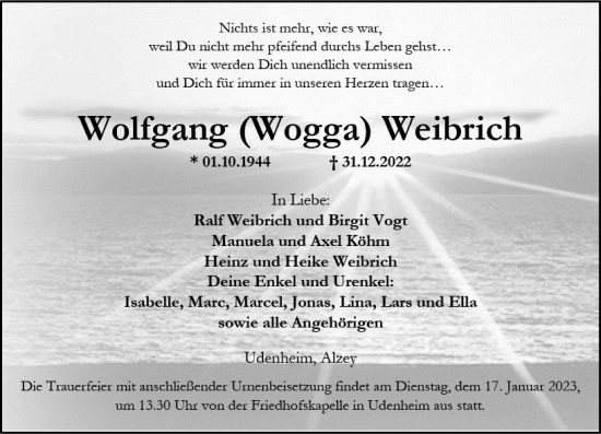 Traueranzeige von Wolfgang Weibrich von vrm-trauer Allgemeine Zeitung Alzey