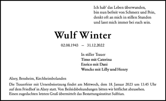 Traueranzeige von Wulf Winter von vrm-trauer Allgemeine Zeitung Alzey