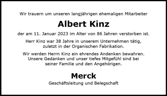 Traueranzeige von Albert Kinz von Darmstädter Echo