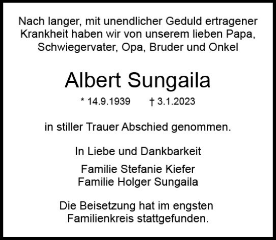 Traueranzeige von Albert Sungaila von DieburgerAnzeiger/Groß-Zimmerner Lokalanzeiger