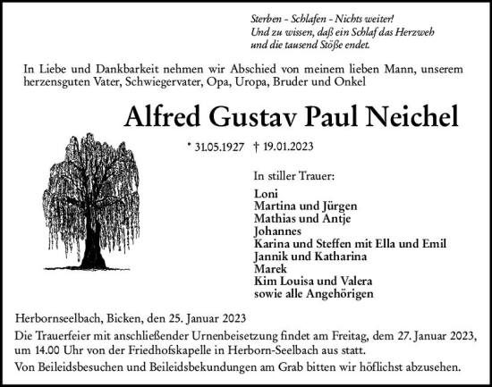Traueranzeige von Alfred Gustav Paul Neichel von Dill Block