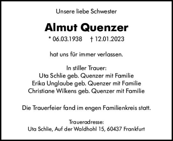 Traueranzeige von Almut Quenzer von Darmstädter Echo