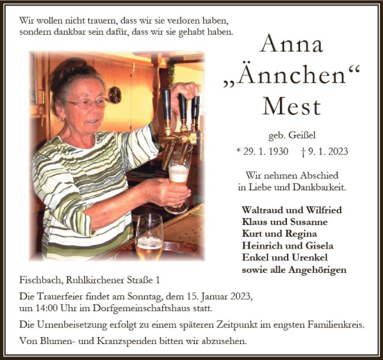 Traueranzeige von Anna Mest von VRM Trauer
