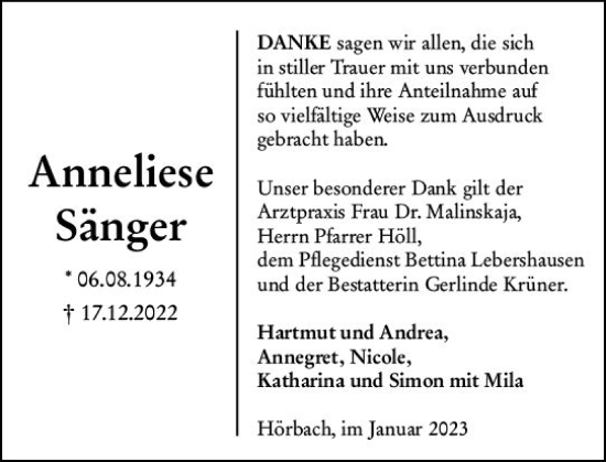 Traueranzeige von Anneliese Sänger von Dill Block