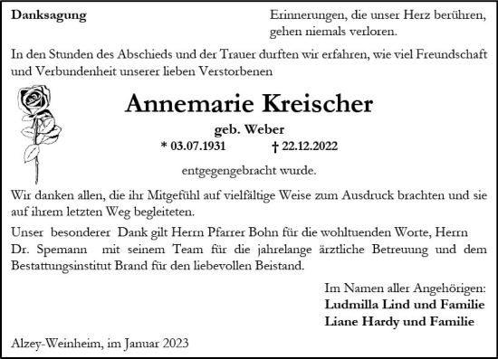 Traueranzeige von Annemarie Kreischer von Allgemeine Zeitung Alzey