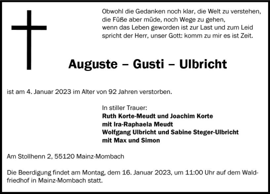 Traueranzeige von Auguste Gusti Ulbricht von Allgemeine Zeitung Mainz