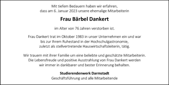 Traueranzeige von Bärbel Dankert von Darmstädter Echo