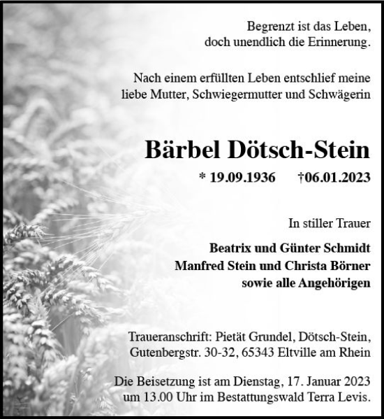 Traueranzeige von Bärbel Dötsch-Stein von Wiesbadener Kurier gesamt