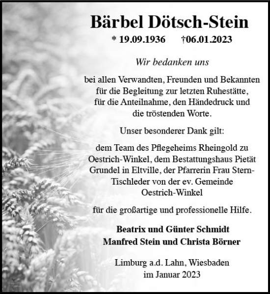 Traueranzeige von Bärbel Dötsch-Stein von Wiesbadener Kurier gesamt