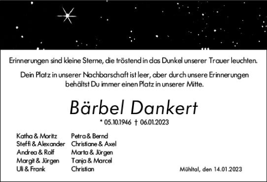 Traueranzeige von Bärbel Dankert von Darmstädter Echo