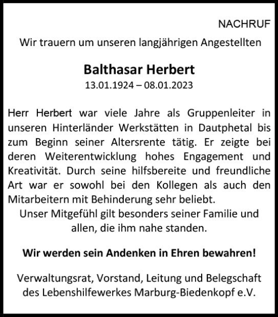 Traueranzeige von Balthasar Herbert von Hinterländer Anzeiger