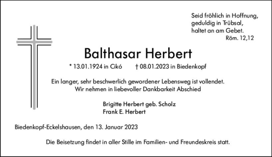 Traueranzeige von Balthasar Herbert von Hinterländer Anzeiger