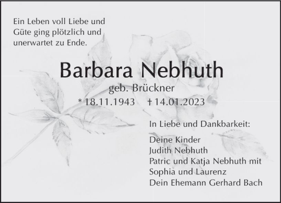 Traueranzeige von Barbara Nebhuth von Wiesbadener Kurier gesamt