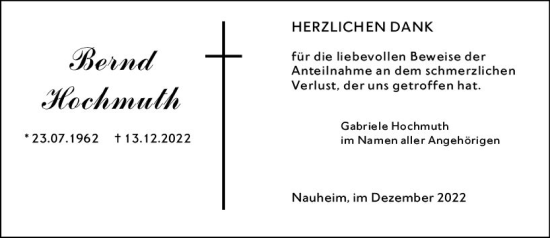Traueranzeige von Bernd Hochmuth von Rüsselsheimer Echo