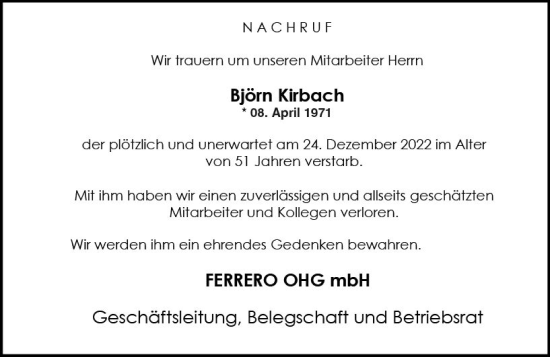 Traueranzeige von Björn Kirbach von VRM Trauer
