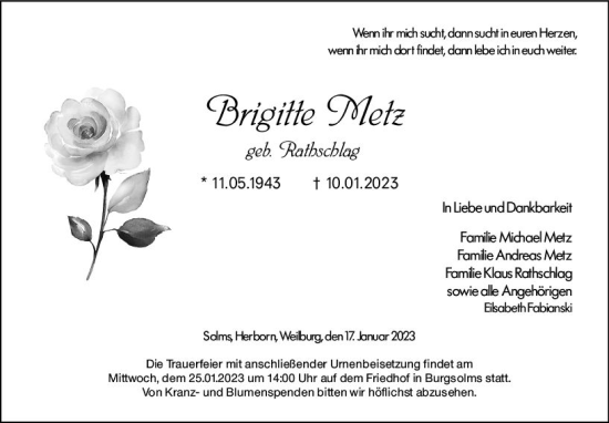 Traueranzeige von Brigitte Metz von Wetzlarer Neue Zeitung