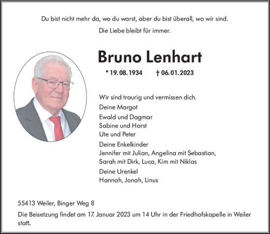 Traueranzeige von Bruno Lenhart von Allgemeine Zeitung Ingelheim-Bingen