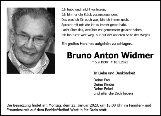 Traueranzeige von Bruno Anton Widmer von Allgemeine Zeitung Mainz