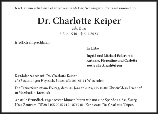 Traueranzeige von Charlotte Keiper von Wiesbadener Kurier gesamt