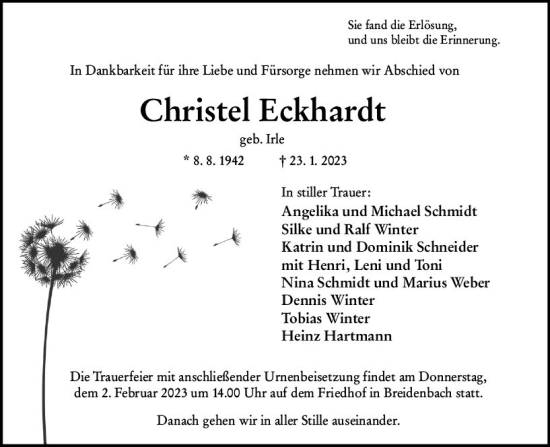 Traueranzeige von Christel Eckhardt von Hinterländer Anzeiger