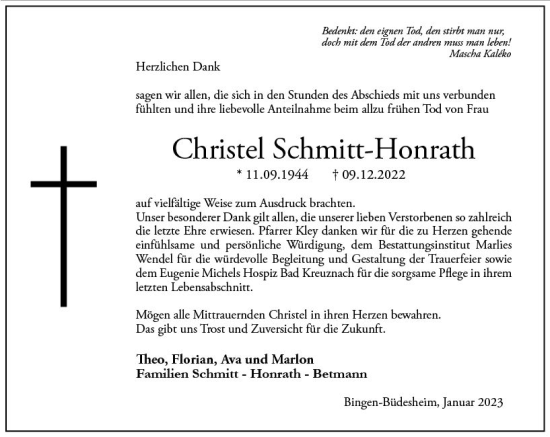 Traueranzeige von Christel Schmitt-Honrath von Bingen/Ingelheim Wochenblatt inkl. NBZ