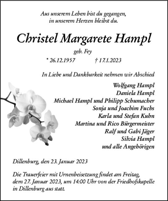 Traueranzeige von Christel Margarete Hampl von Dill Block