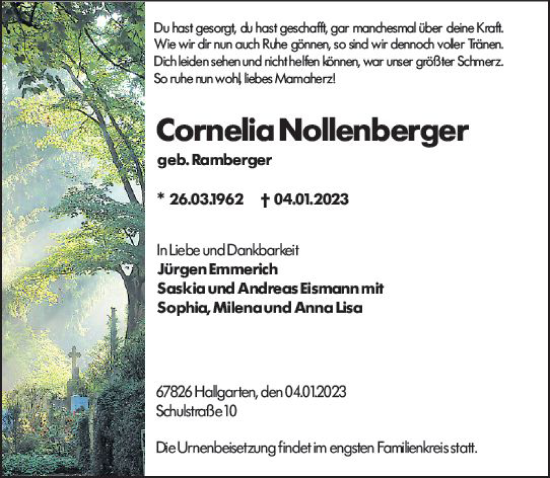 Traueranzeige von Cornelia Nollenberger von Allgemeine Zeitung Mainz