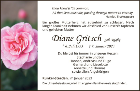 Traueranzeige von Diane Gritsch von Nassauische Neue Presse