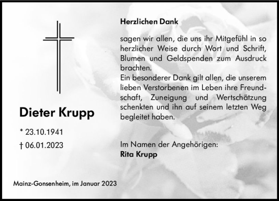 Traueranzeige von Dieter Krupp von Allgemeine Zeitung Mainz