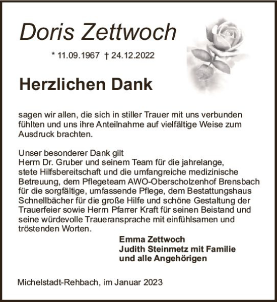 Traueranzeige von Doris Zettwoch von Odenwälder Echo