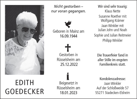 Traueranzeige von Edith Goedecker von Allgemeine Zeitung Mainz