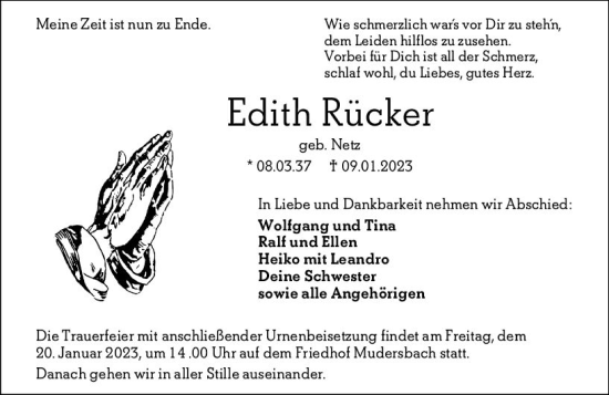 Traueranzeige von Edith Rücker von Wetzlarer Neue Zeitung