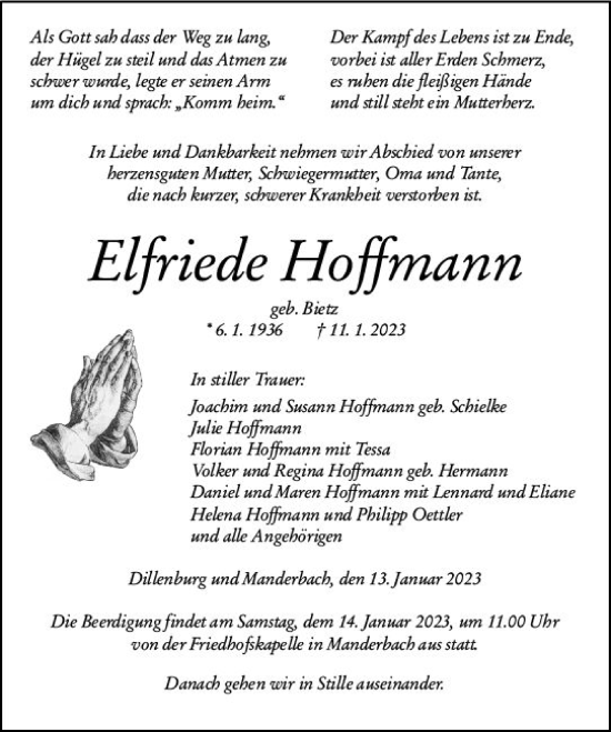 Traueranzeige von Elfriede Hoffmann von Dill Block