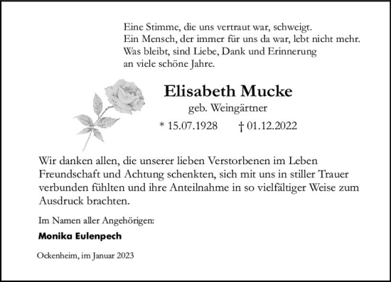 Traueranzeige von Elisabeth Mucke von Bingen/Ingelheim Wochenblatt inkl. NBZ