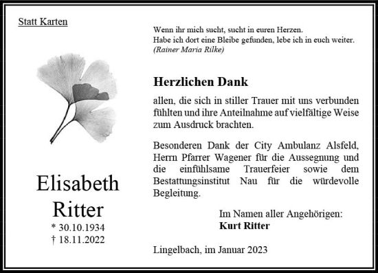 Traueranzeige von Elisabeth Ritter von OK Oberhessen Kurier