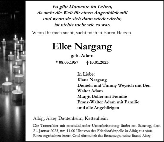 Traueranzeige von Elke Nargang von Allgemeine Zeitung Alzey