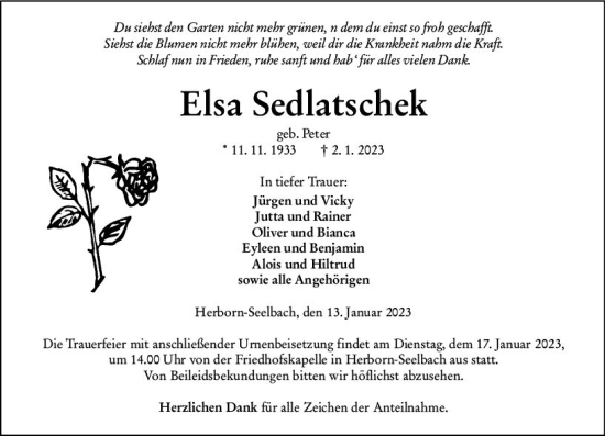 Traueranzeige von Elsa Sedlatschek von Dill Block