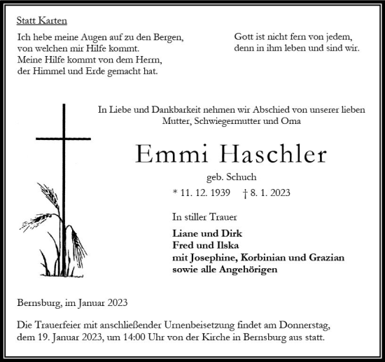 Traueranzeige von Emmi Haschler von VRM Trauer