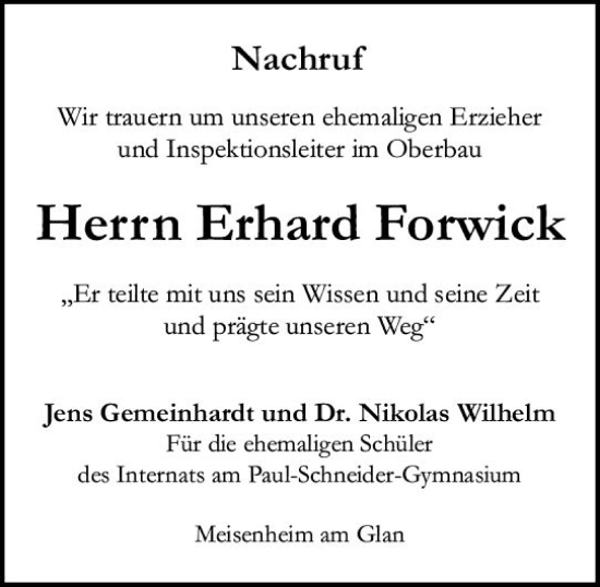 Traueranzeige von Erhard Forwick von Allgemeine Zeitung Bad Kreuznach