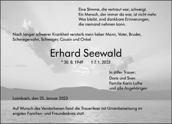 Traueranzeige von Erhard Seewald von Weilburger Tageblatt