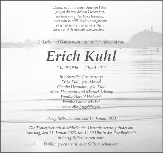 Traueranzeige von Erich Kuhl von Weilburger Tageblatt